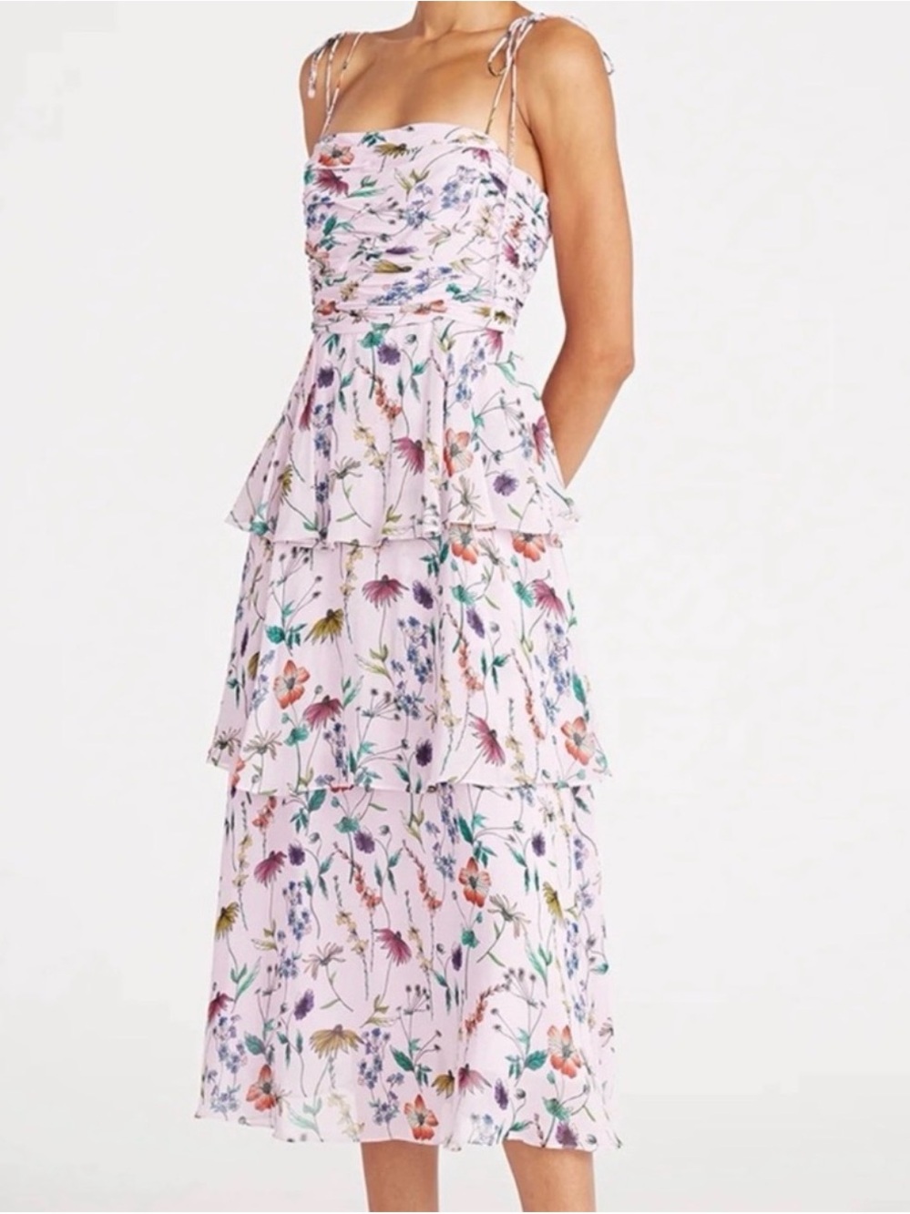AMUR Light Pink Floral Tiered Midi Dress